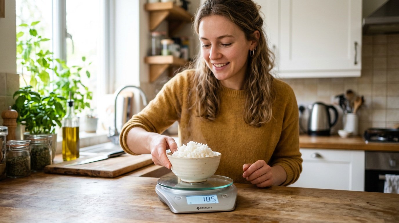 rice weight loss portion being measured on a kitchen scale next to a bowl of steamed rice
