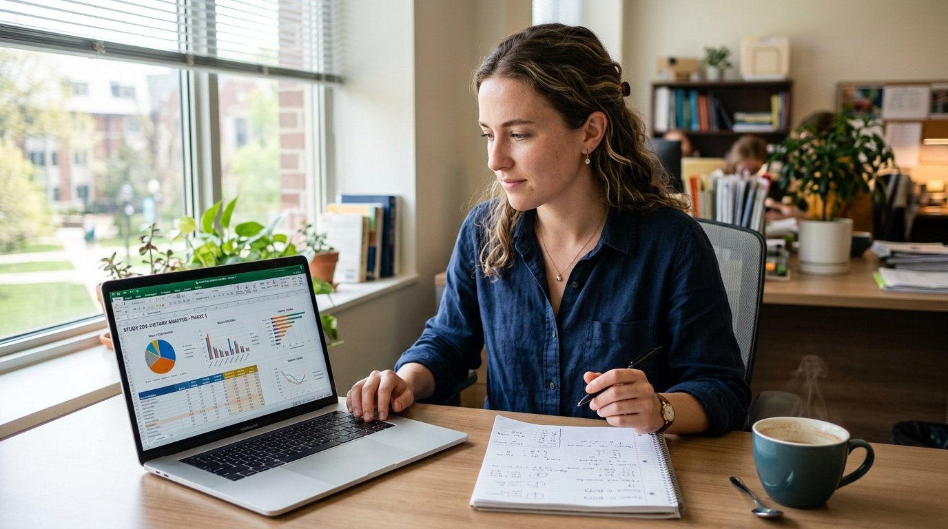 nutrition researcher reviewing rice weight loss study data on a laptop in a bright lab setting
