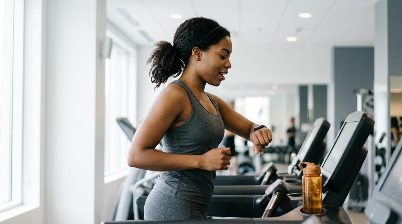 Woman jogging on a running machine and checking her wrist, breathing easily enough to hold a conversation