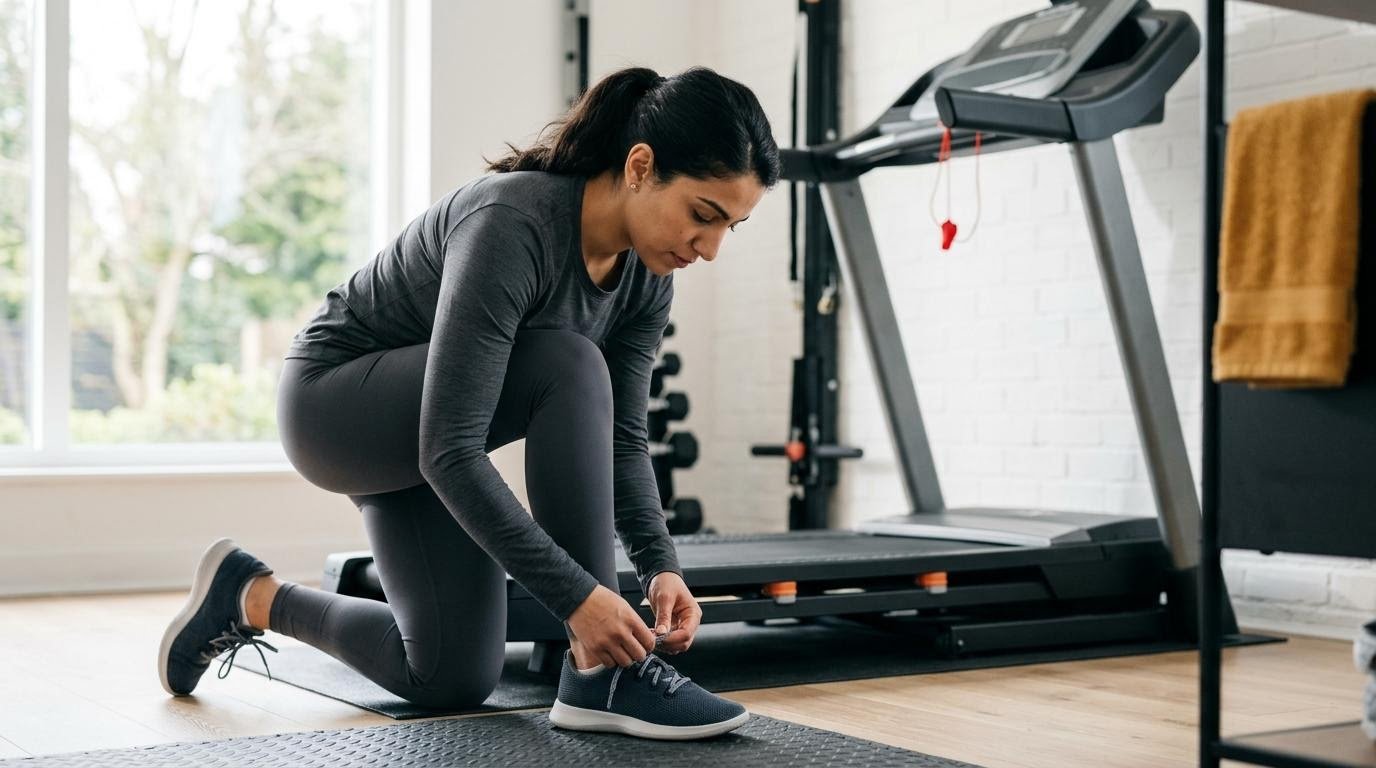 Woman tying her running shoe beside a treadmill with the safety clip visible before warming up