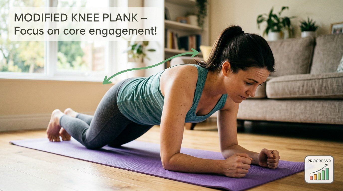 Beginner modifying a plank exercise using a knee-down variation