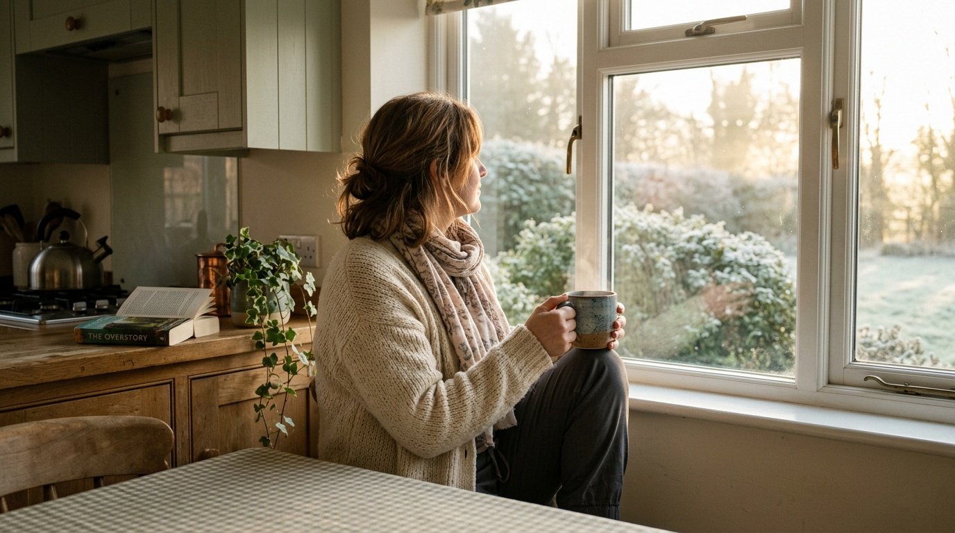 Woman in her 40s practicing self care for women over 40 with a quiet morning routine
