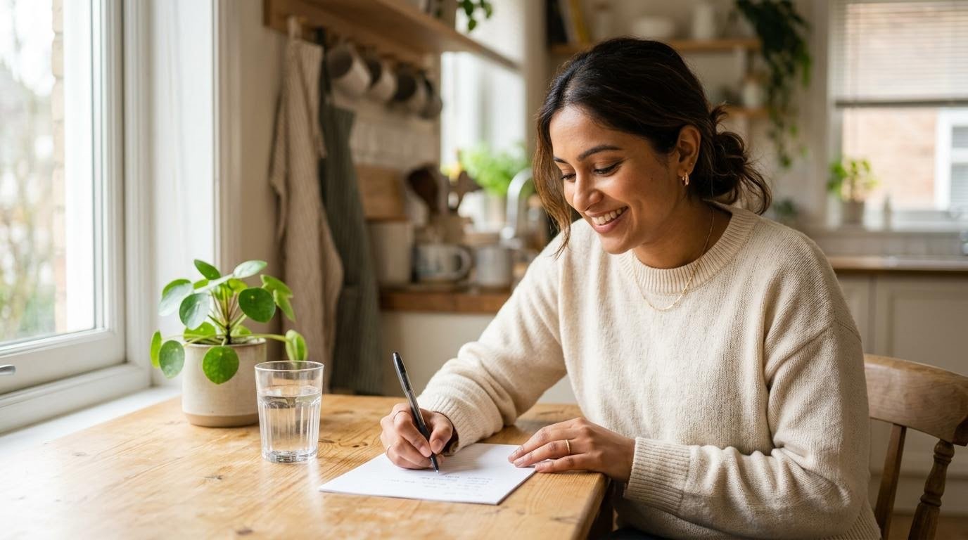 South Asian woman in her mid-20s writing a list of personal strengths in a notebook as a self esteem practice
