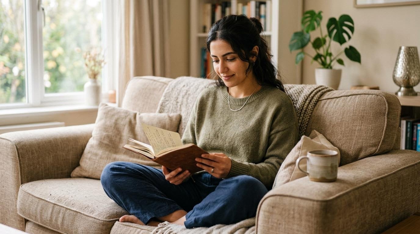 Middle Eastern woman in her mid-20s reading her notes with a calm, curious expression while working through self esteem questions