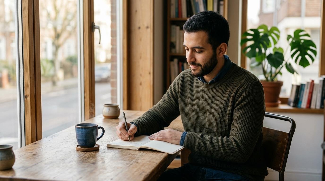 Young Middle Eastern man journaling at a desk to explore the self esteem self worth difference