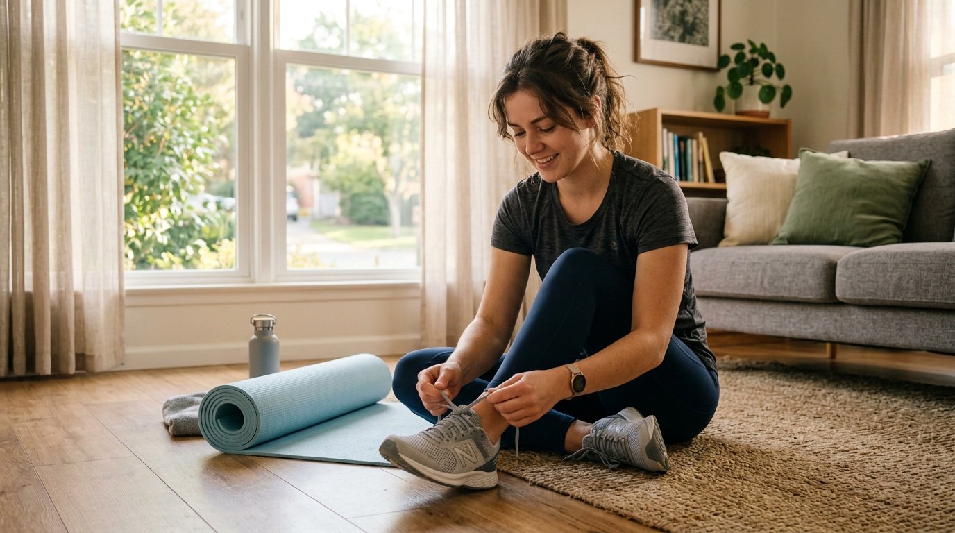 young woman calmly resuming a short home workout the day after a missed routine