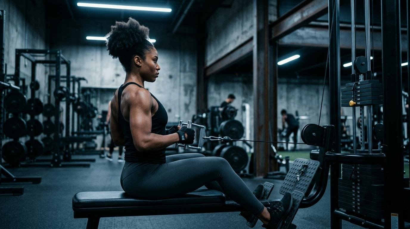 Woman performing a seated cable row with proper form for back muscle training