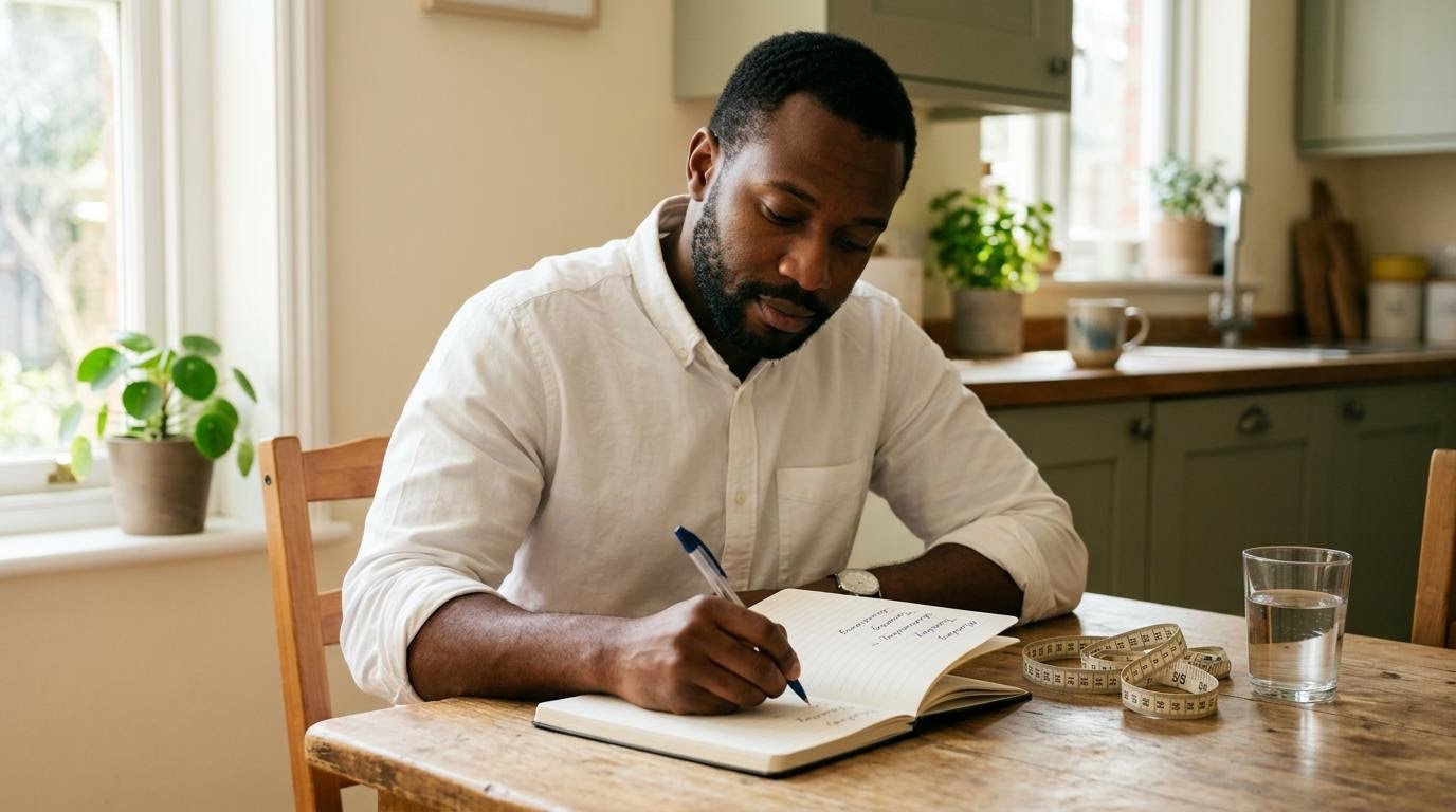 Man writing a seven-day habit plan in a notebook at the kitchen table
