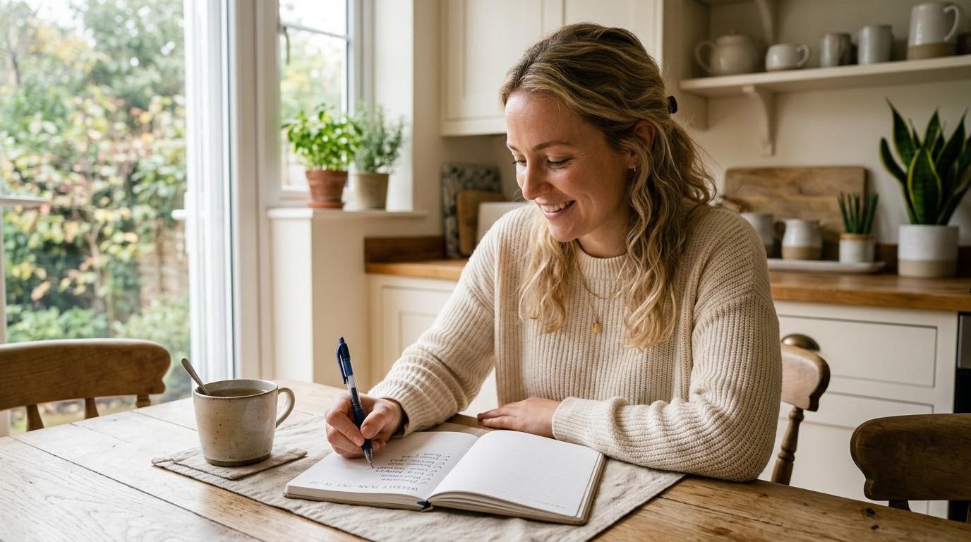 woman checking off a daily mental health checklist on a handwritten weekly planner