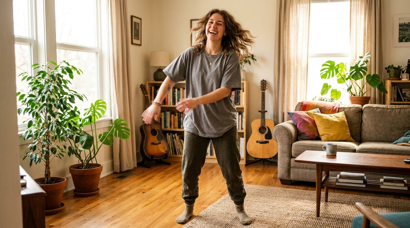 young woman shaking out her arms and hands to release built up muscular tension from anxiety