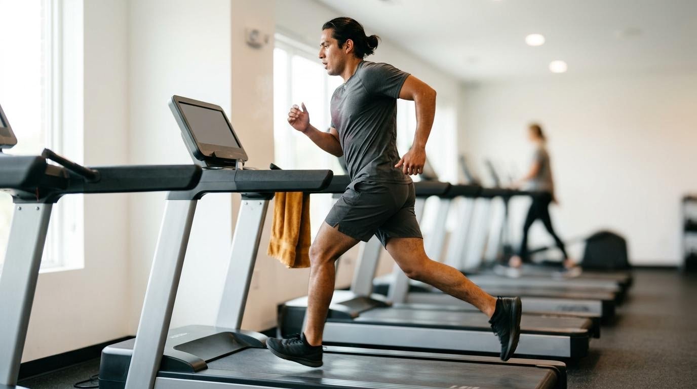 Man in a short burst of fast running on a treadmill, showing a brief hard interval