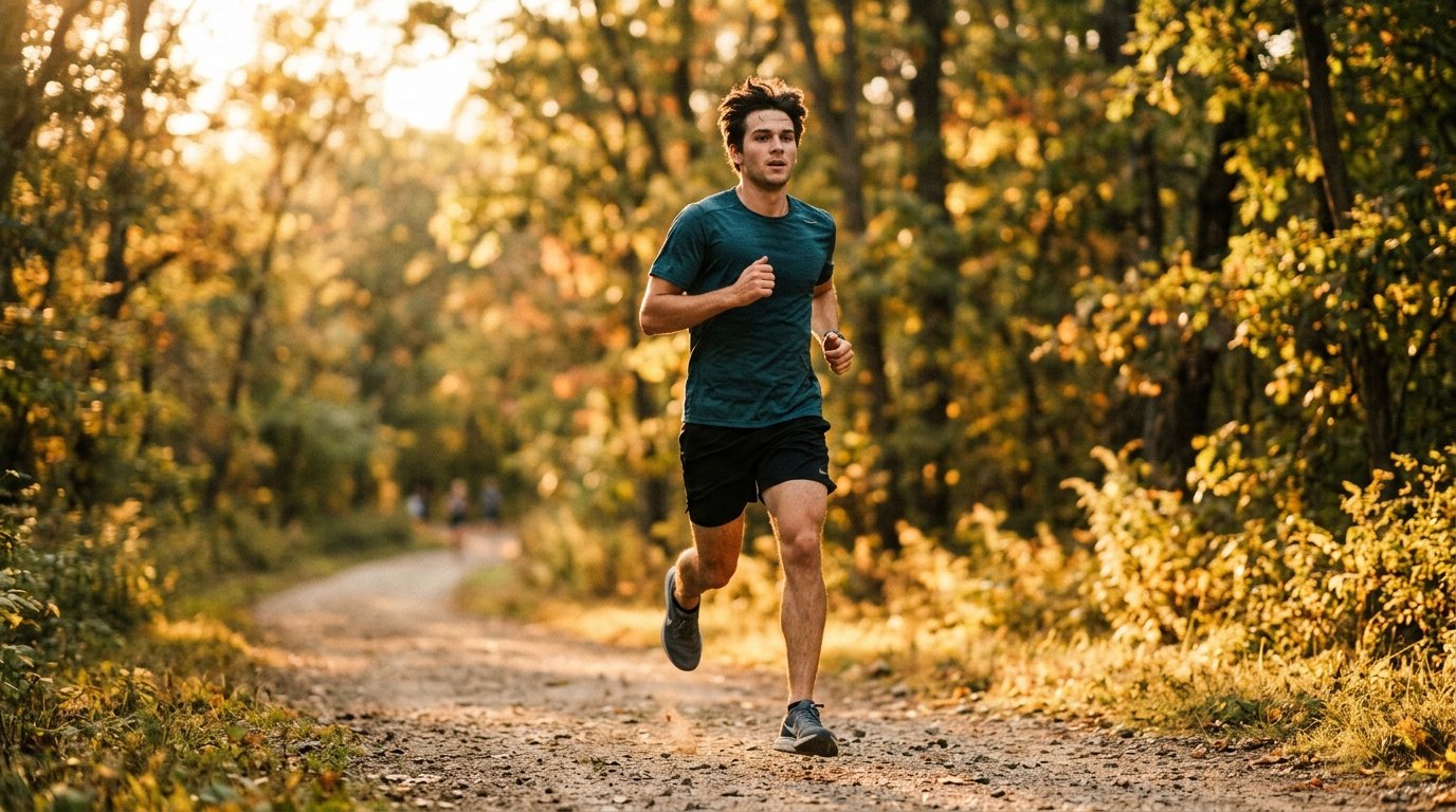 Runner working toward short-term and long-term fitness targets on a park trail