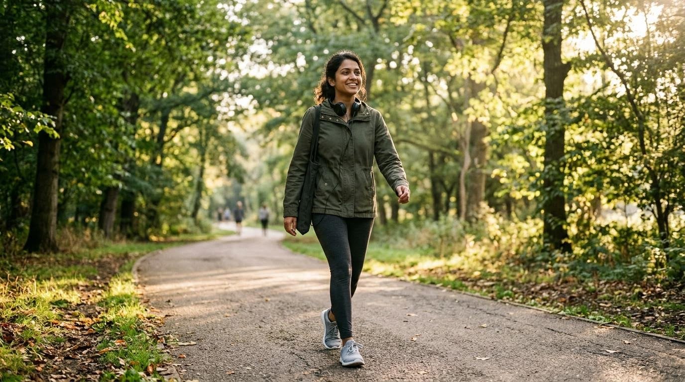 Young woman walking along a sunlit park path, a short daily walk to improve mental health