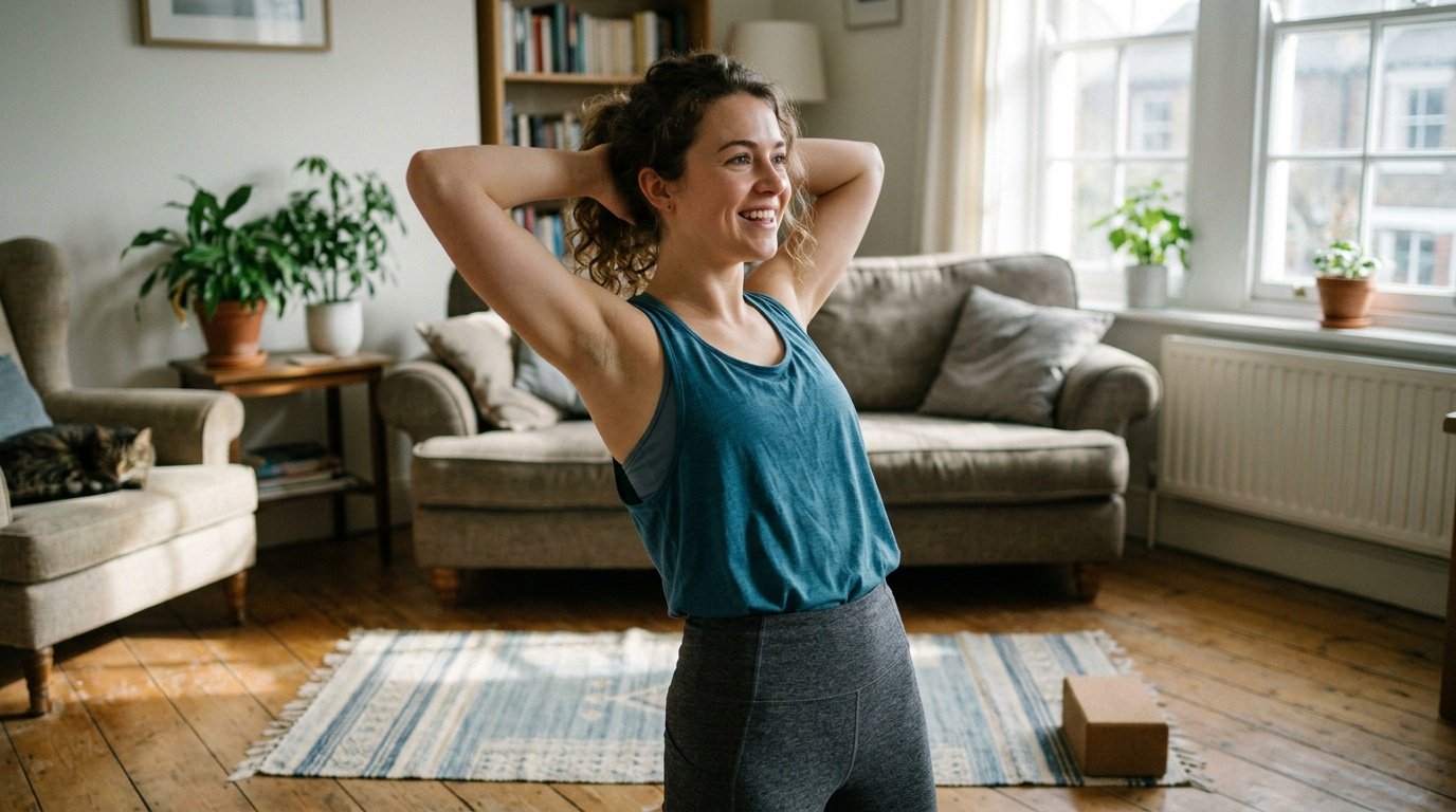 Young woman feeling energized after simple cardio workouts at home in her sunlit living room