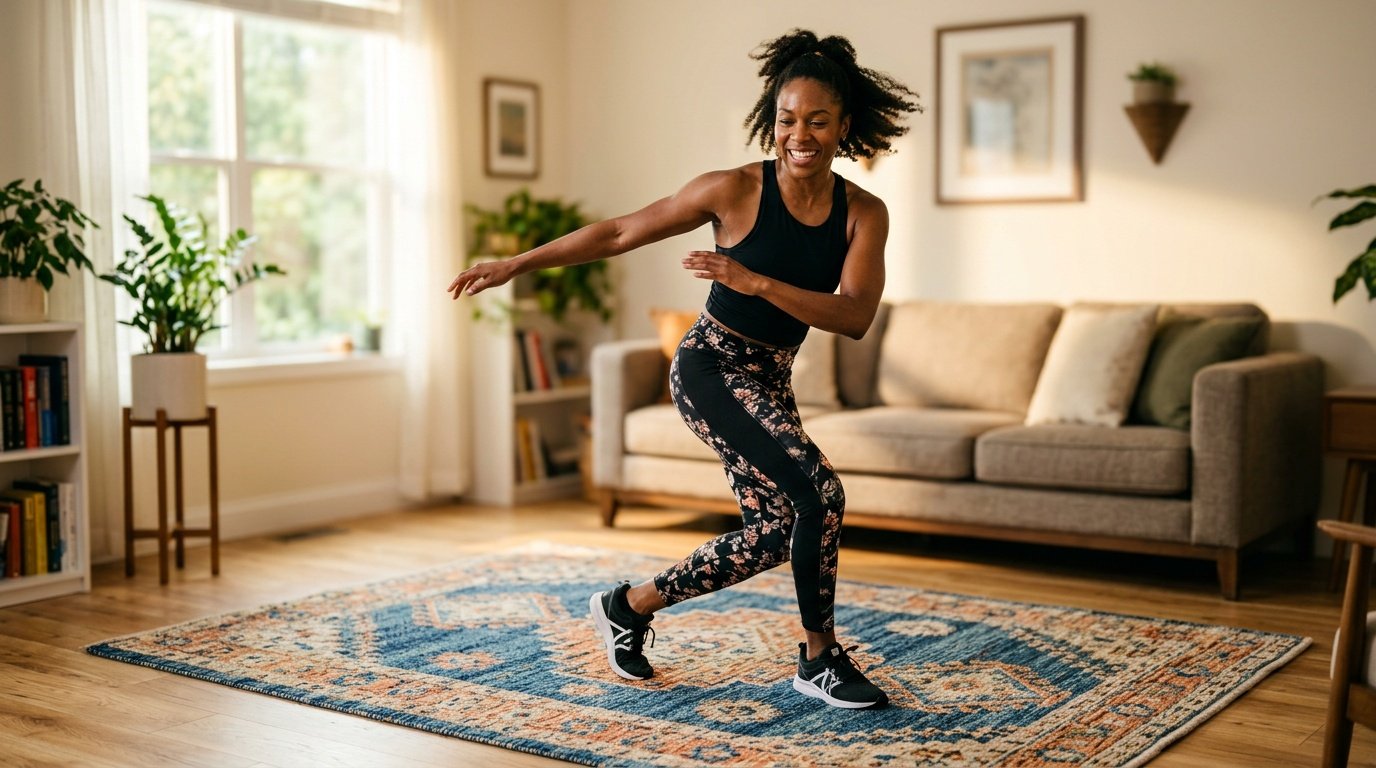 Woman doing a no-equipment cardio circuit for cardio workouts at home in a bright living room