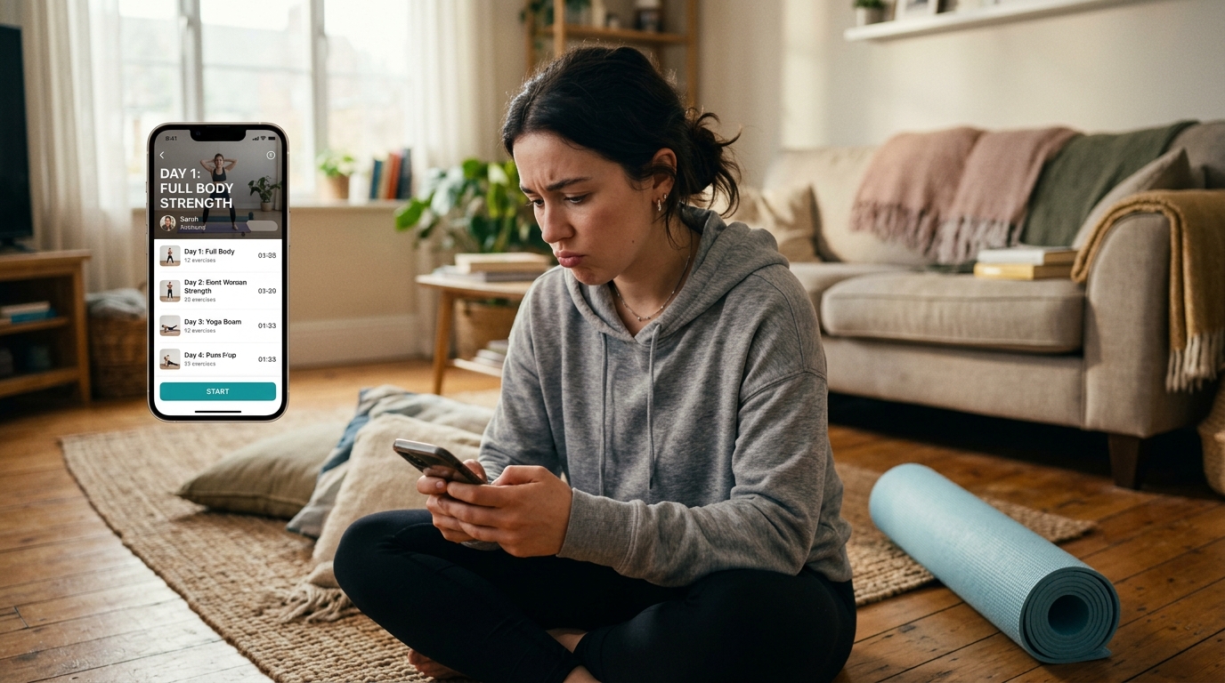 Young adult reviewing simple workout routines for beginners on a phone app at home