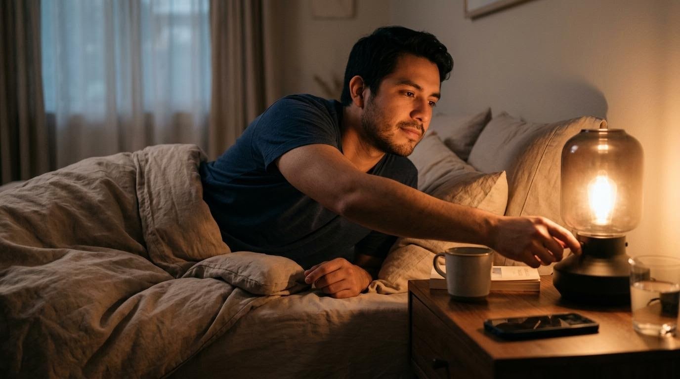 Man switching off his bedside lamp for a consistent bedtime routine that supports weight loss