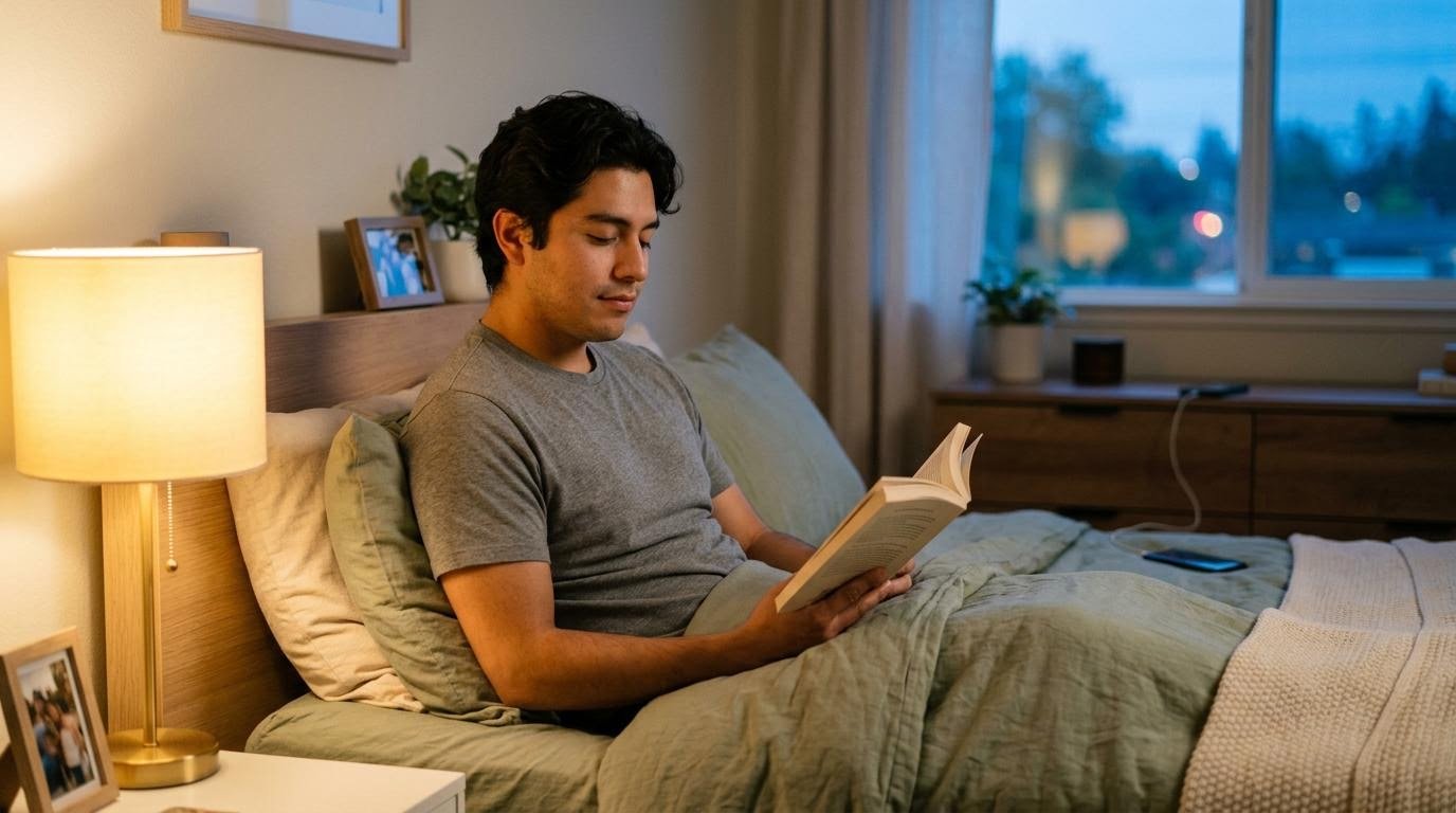 Young man reading a book in bed by lamplight with his phone charging across the room for better sleep and mood