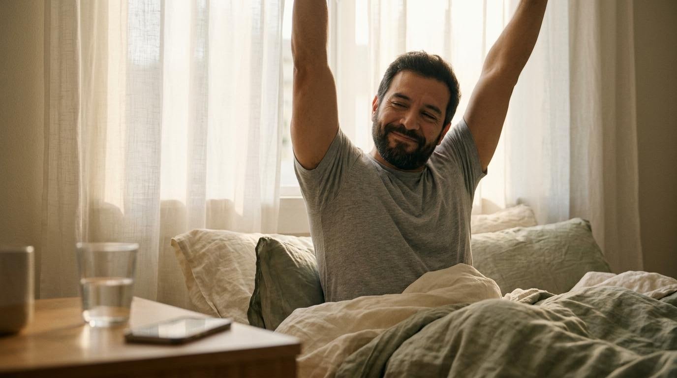 Man stretching after waking up, representing the sleep and stress link to belly fat