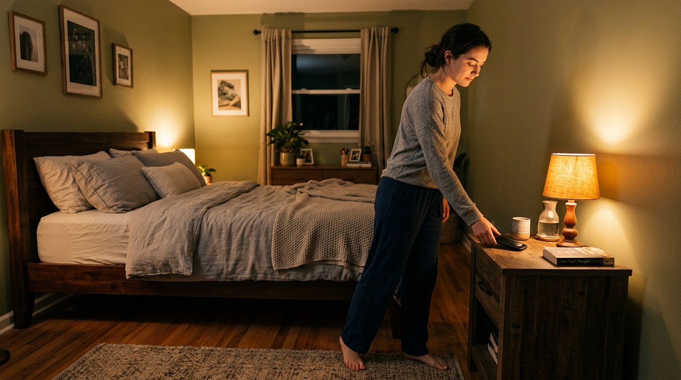 young adult winding down for sleep with phone set aside and dim bedside lighting