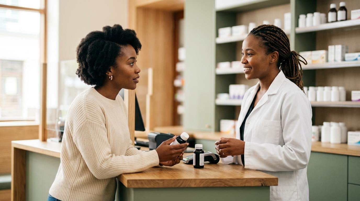 Woman asking a pharmacist questions about herbal weight loss supplements at a pharmacy counter