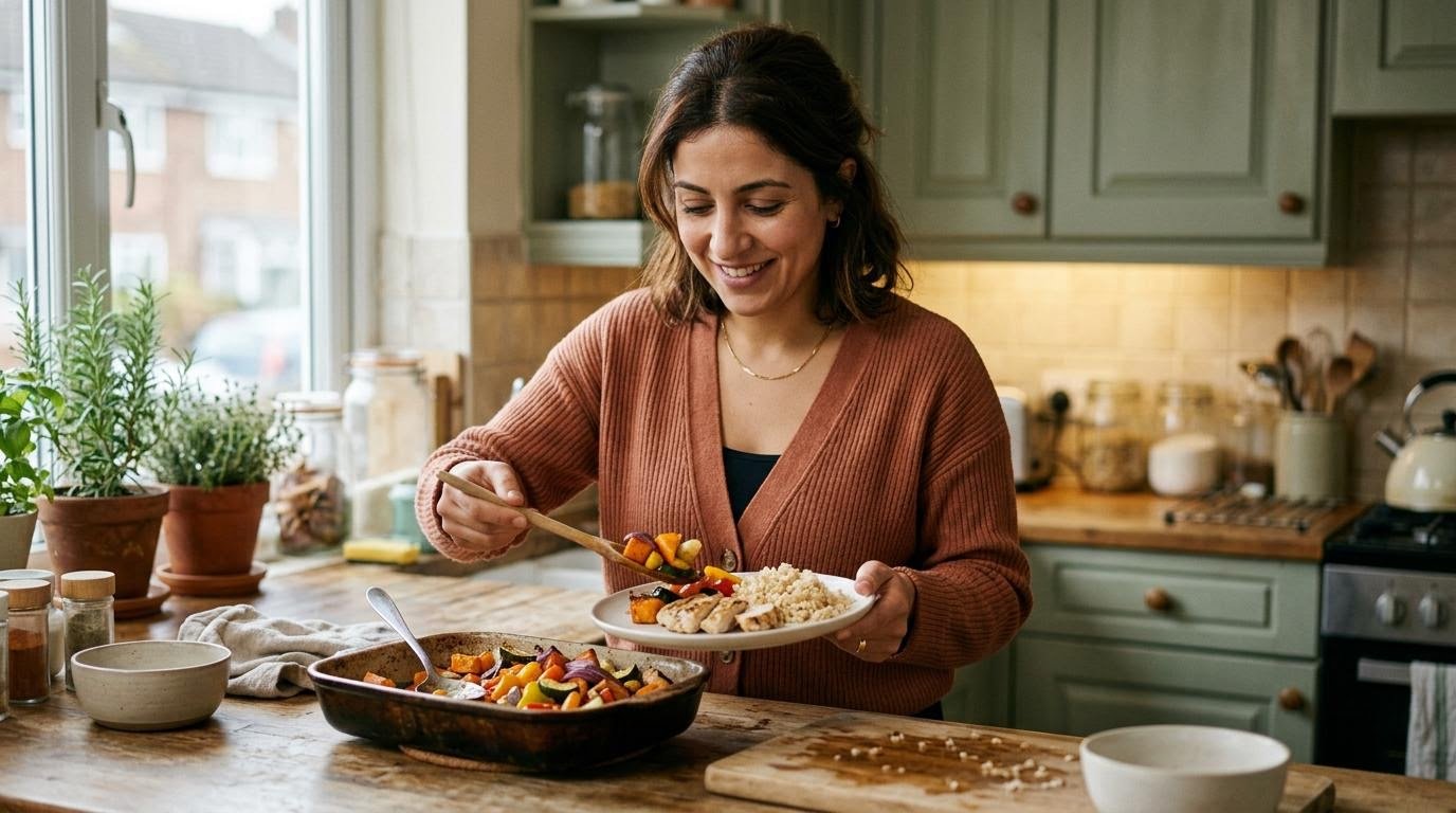 Woman plating a balanced dinner with vegetables and protein to build a modest calorie gap