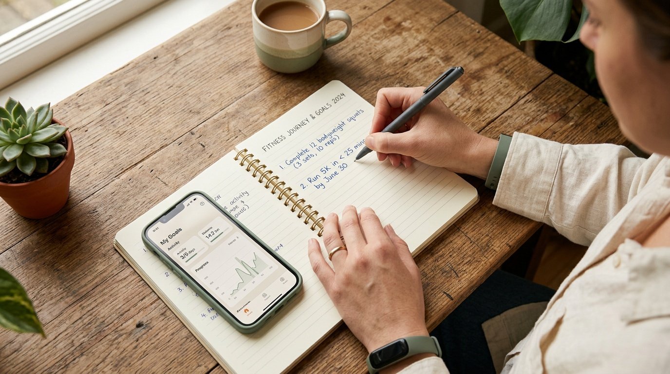 Writing down SMART fitness targets in a notebook for tracking progress