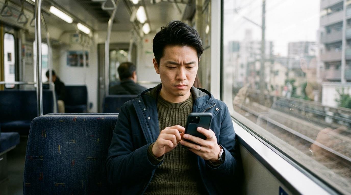 East Asian man in his mid-20s scrolling his phone on a train seat, comparing himself to curated social media posts