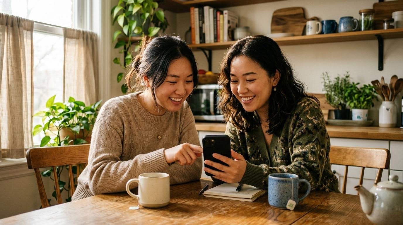 young woman of East Asian descent sitting across from a friend at a kitchen table, both smiling while reviewing a shared notes app on a phone, warm morning light, social support for weight loss