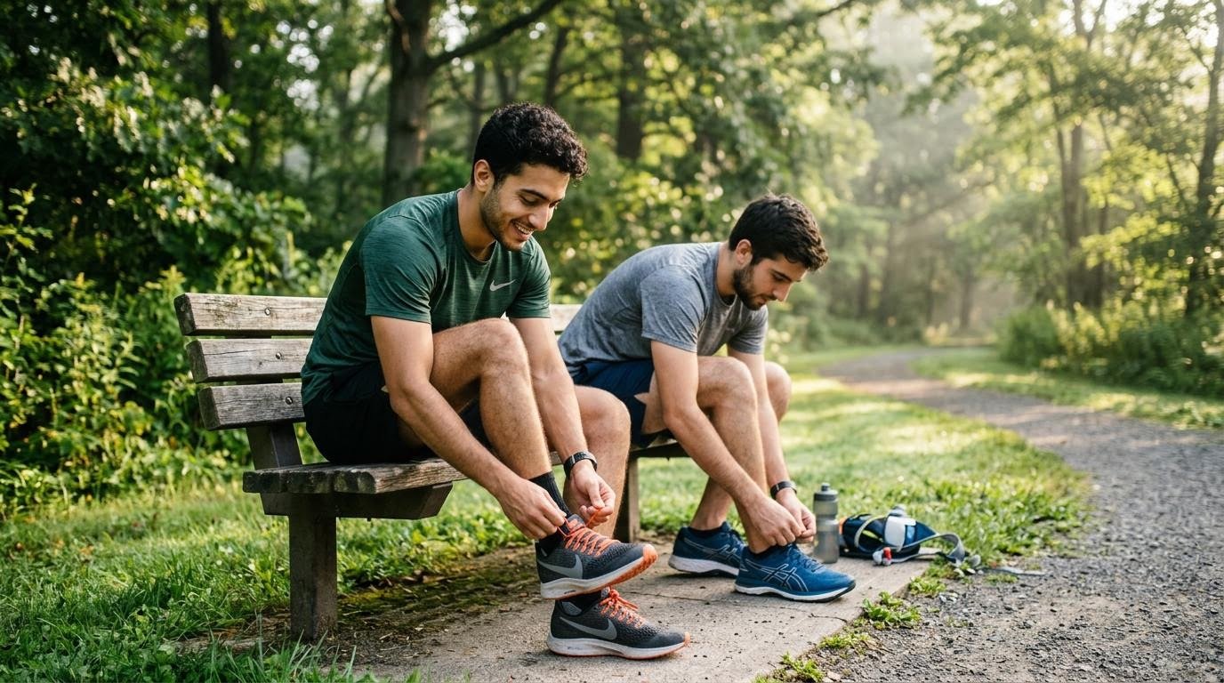 young Middle Eastern man tying his running shoes on a park bench next to another runner doing the same, early morning outdoor setting