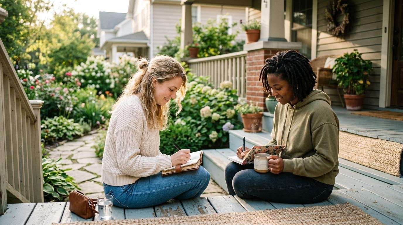 young White American woman sitting on her porch steps journaling next to a neighbor doing the same, relaxed weekend morning setting