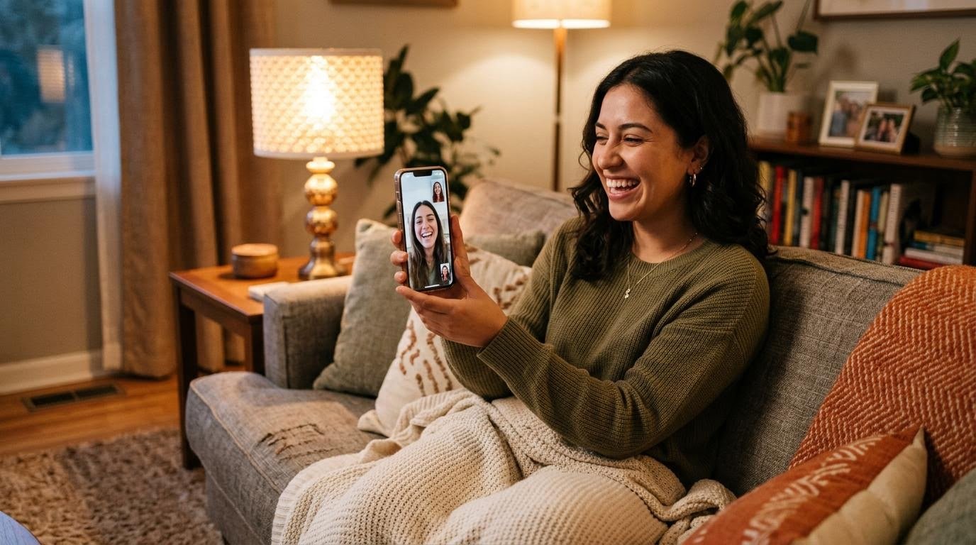 young Hispanic woman video-calling a friend on her phone while sitting on a couch, both smiling, casual home setting, soft evening light