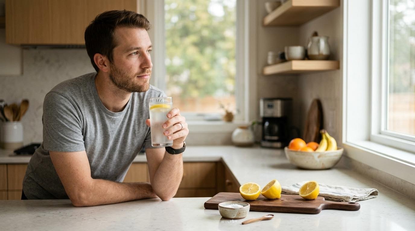 Young man holding lemon water beside salt and lemons while planning an electrolyte drink recipe