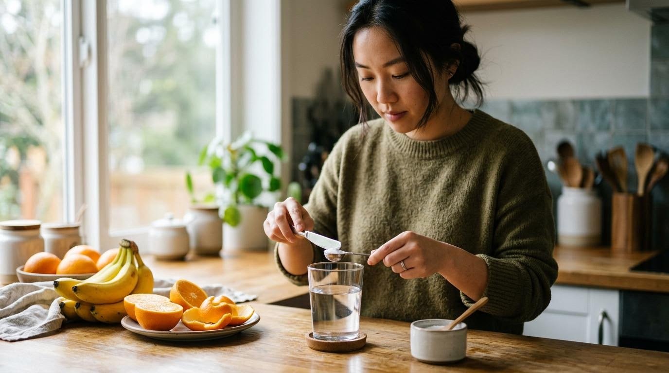 Woman leveling a small measuring spoon of salt beside bananas and oranges for a homemade electrolyte drink