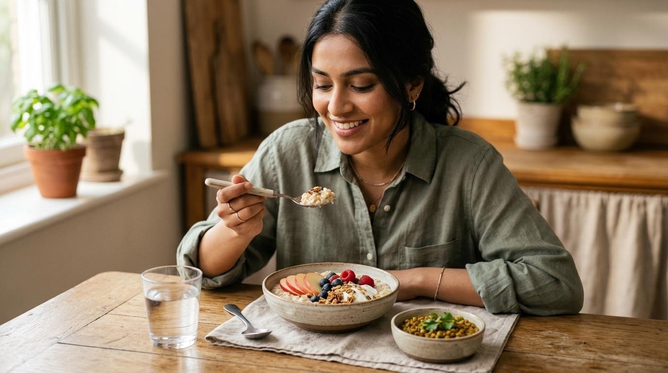 Woman eating an oatmeal and Greek yogurt breakfast rich in soluble fiber and protein