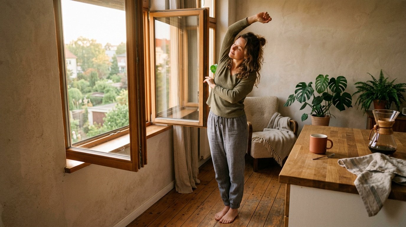 somatic coping skills for anxiety practiced as a daily habit through gentle stretching in morning light
