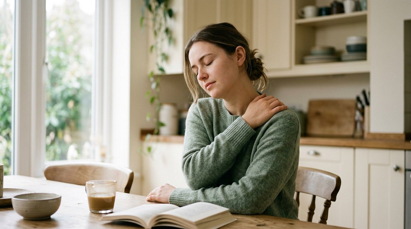 somatic coping skills for anxiety illustrated through a young woman pausing to notice tension in her tight shoulders