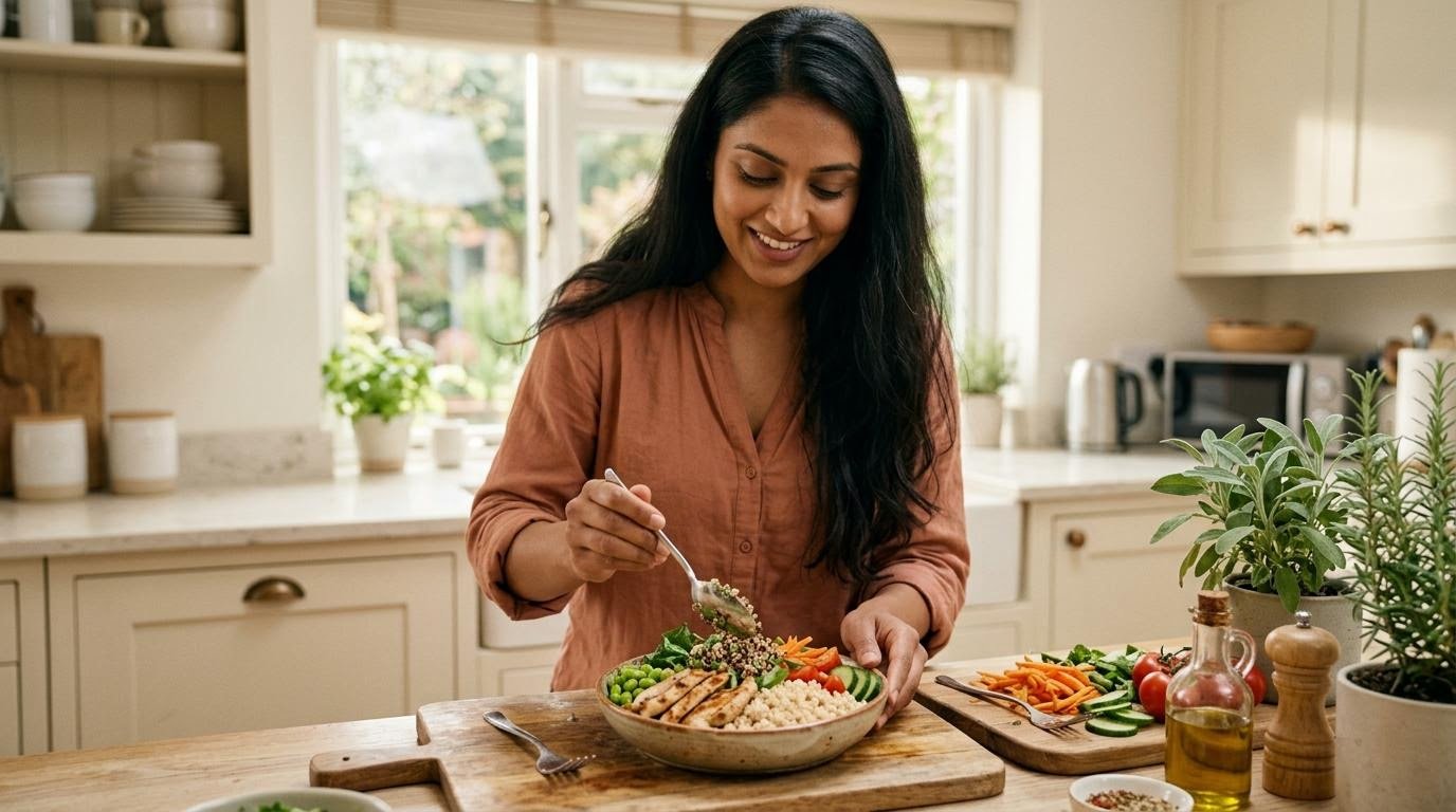woman preparing a protein-forward lunch bowl in a bright kitchen