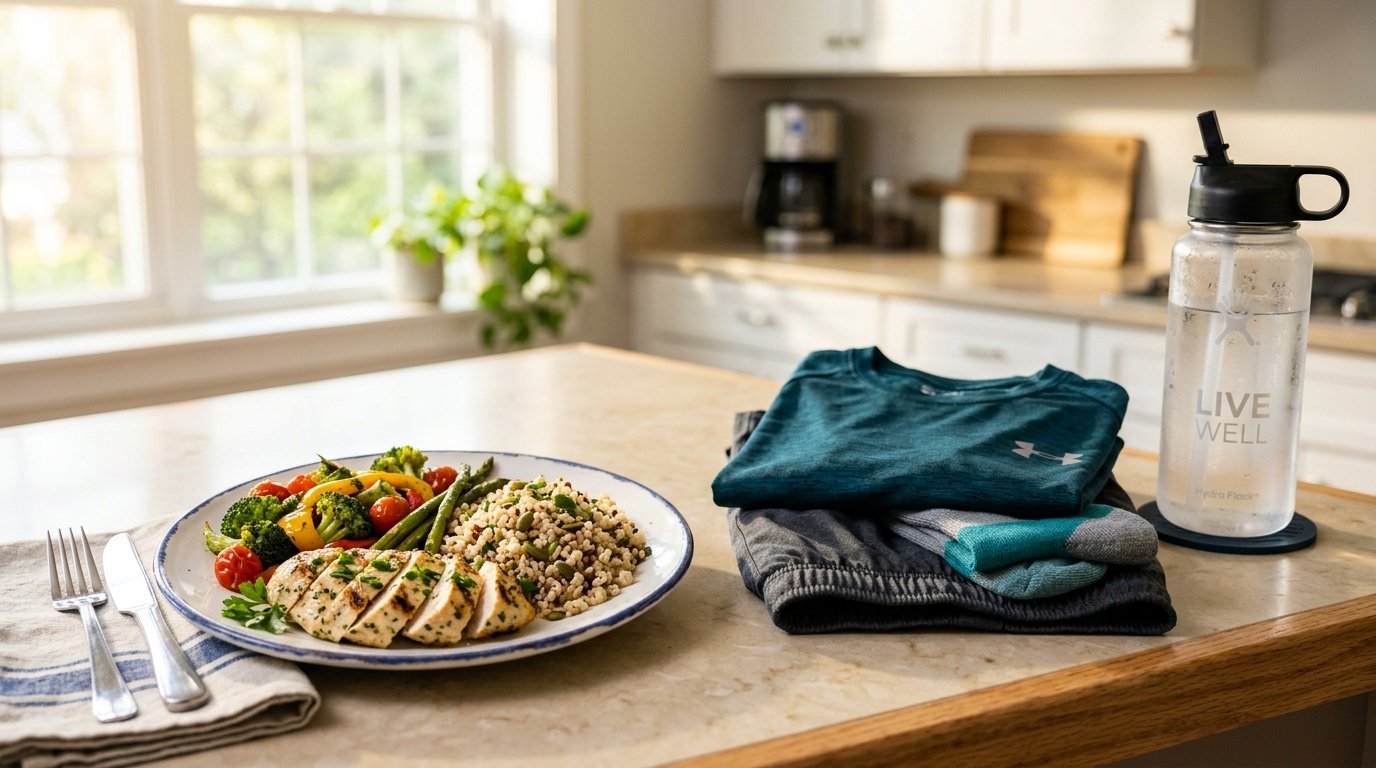 Balanced meal being prepared in a kitchen alongside workout gear, illustrating diet's role in visible abs