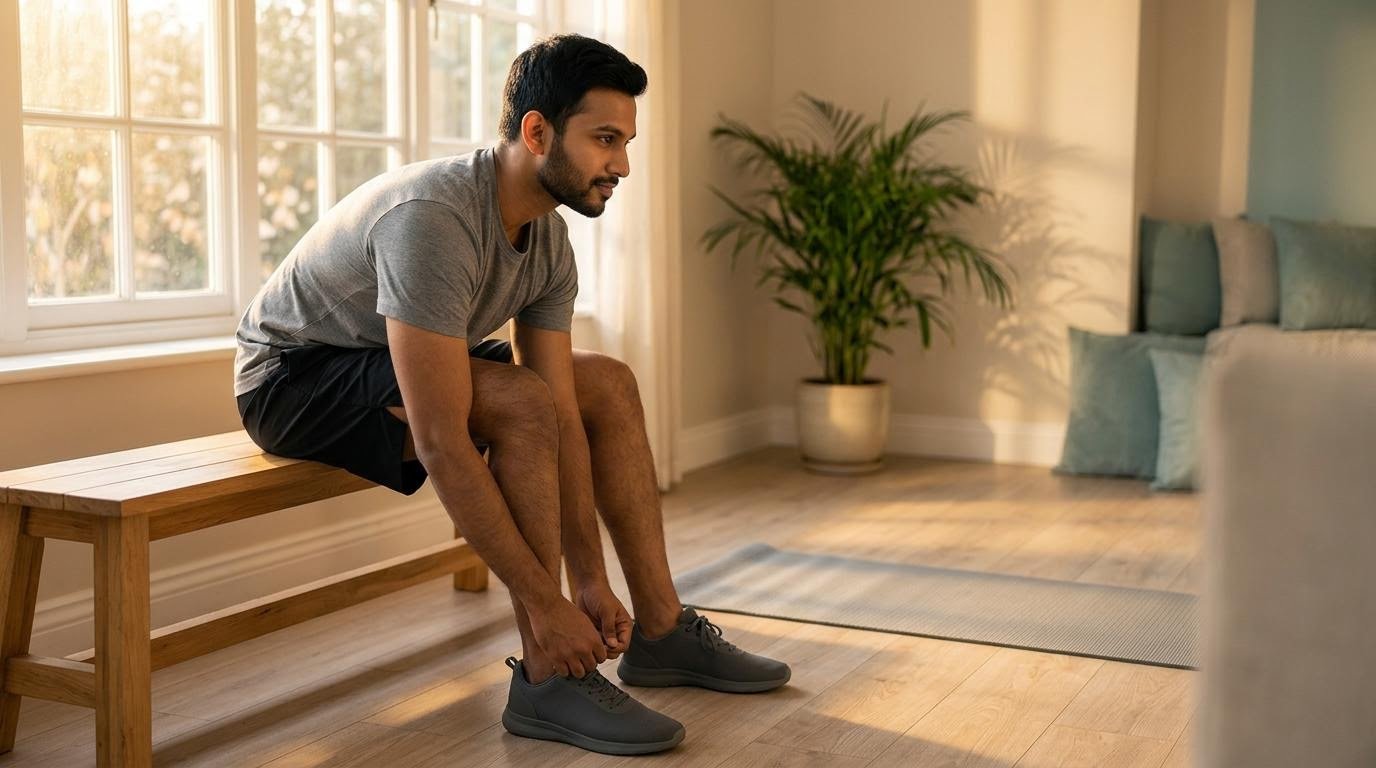 Man tying running shoes at sunrise, ready to start a cardio workouts at home list this week