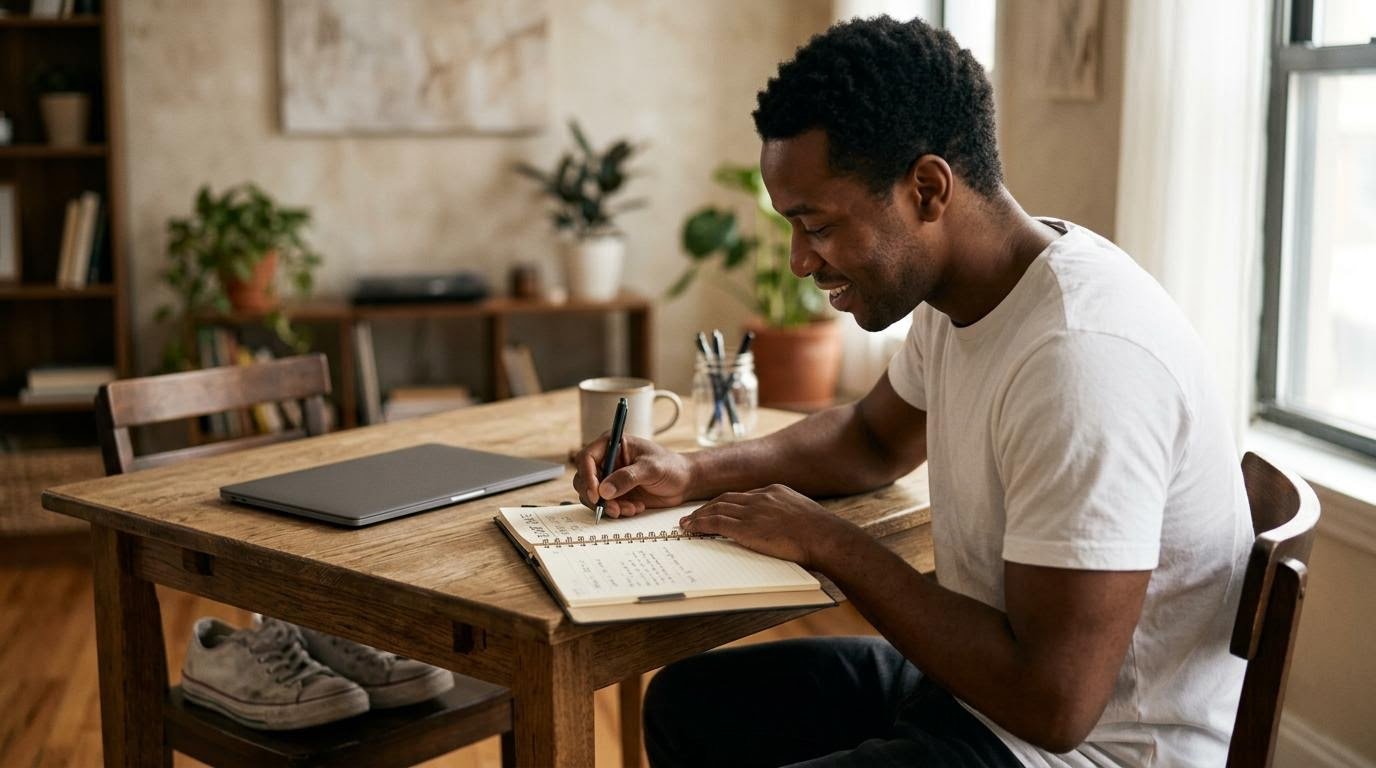 Black man writing a start date on a planner to begin a fitness challenge for beginners this week