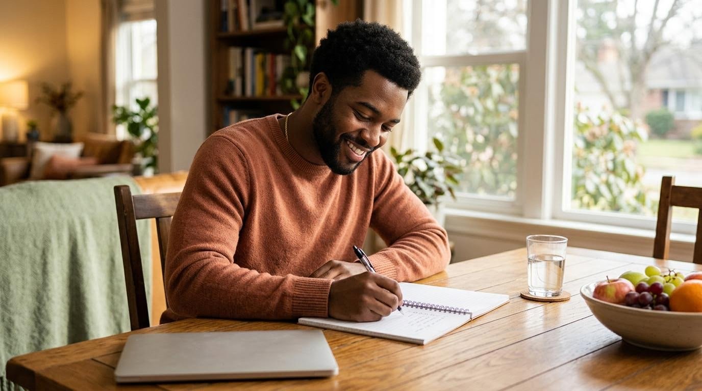 Black American man writing a first-week plan for intermittent fasting 16/8 in a notebook