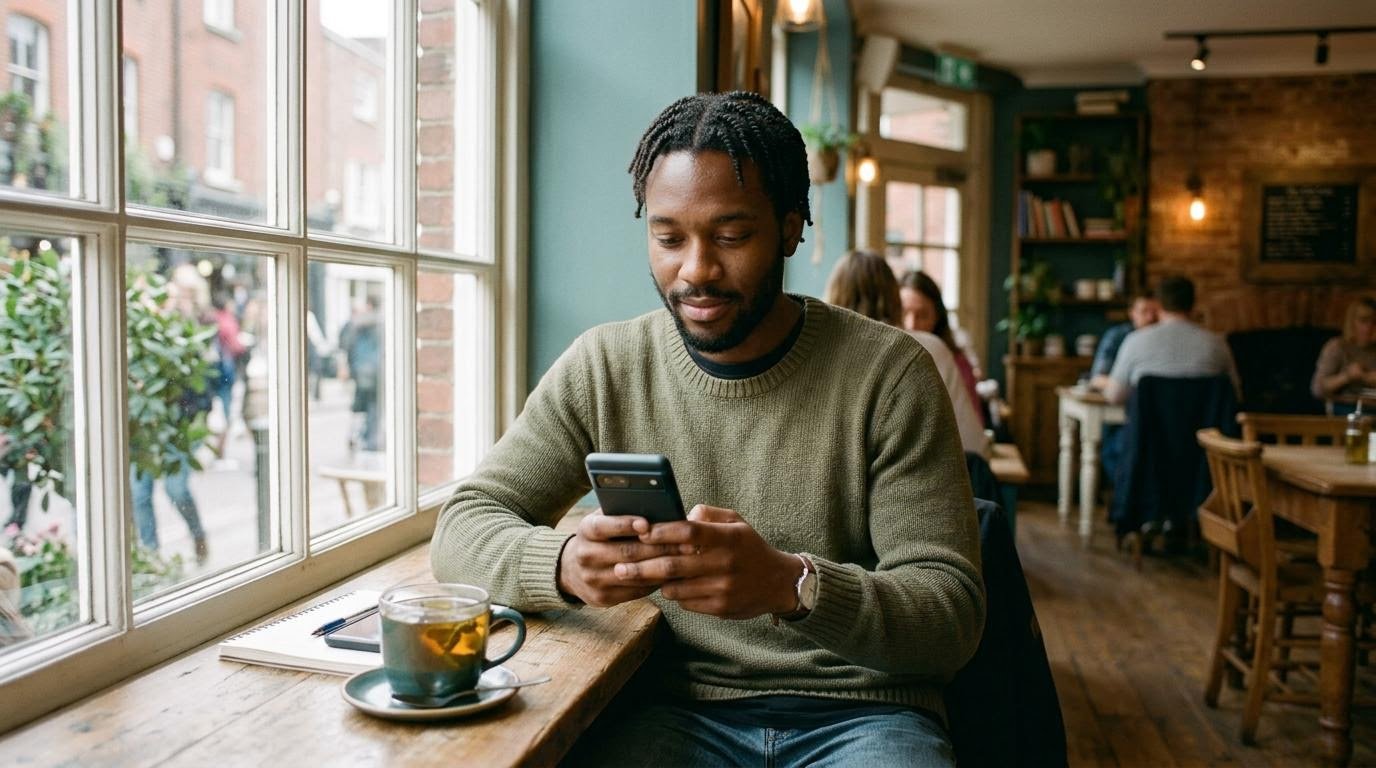 Man at a cafe table reading answers to common questions about stomach anxiety on his phone