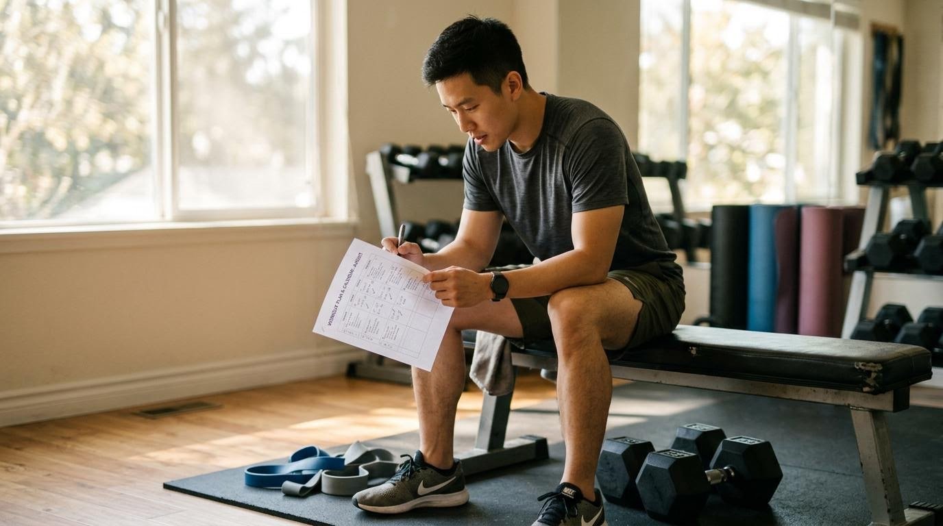 man reviewing an 8-week strength training cellulite plan and workout log