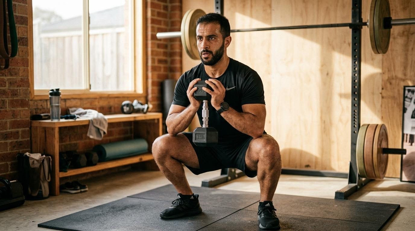 man performing a dumbbell squat as part of a strength training cellulite reduction routine