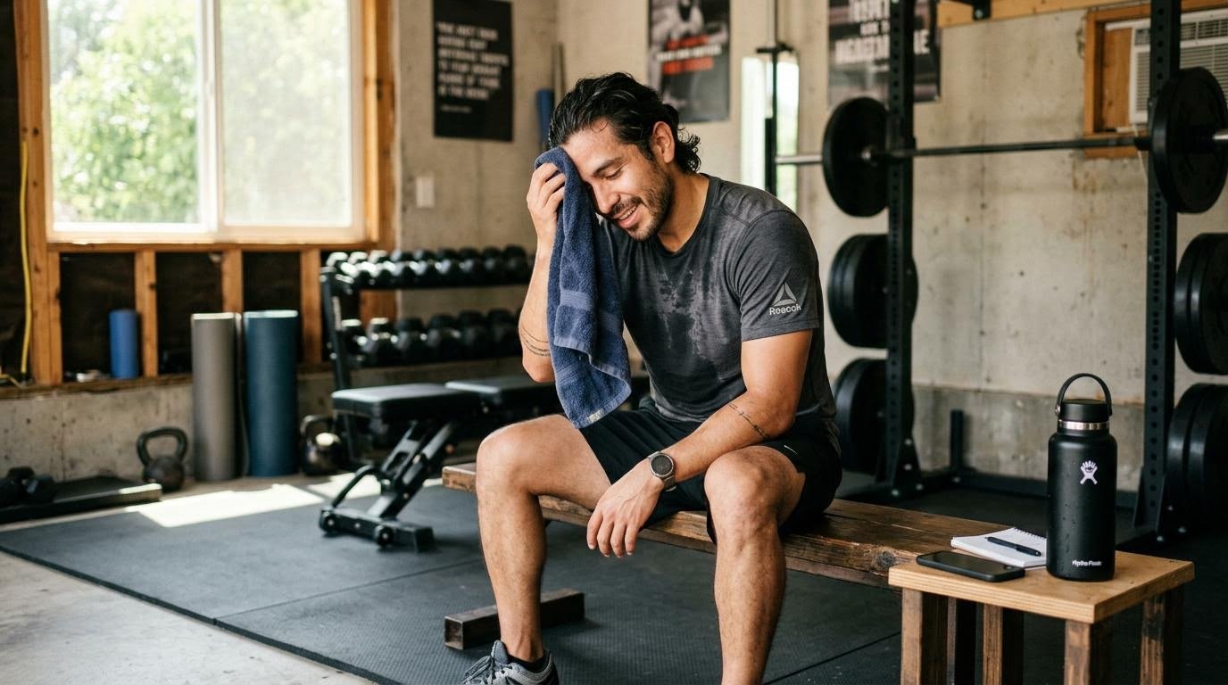 man resting between sets to recover properly during a strength training cellulite program