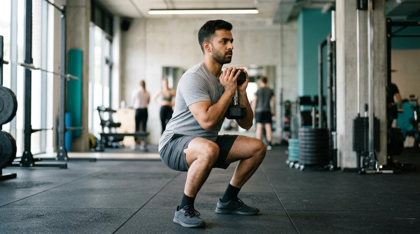 Man performing a dumbbell goblet squat as part of a strength routine for weight loss