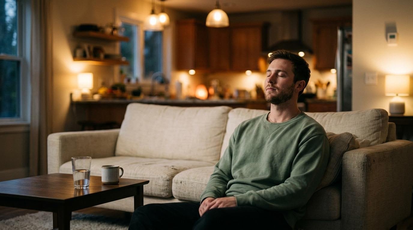 Man taking a slow breath on the sofa to pause before stress eating