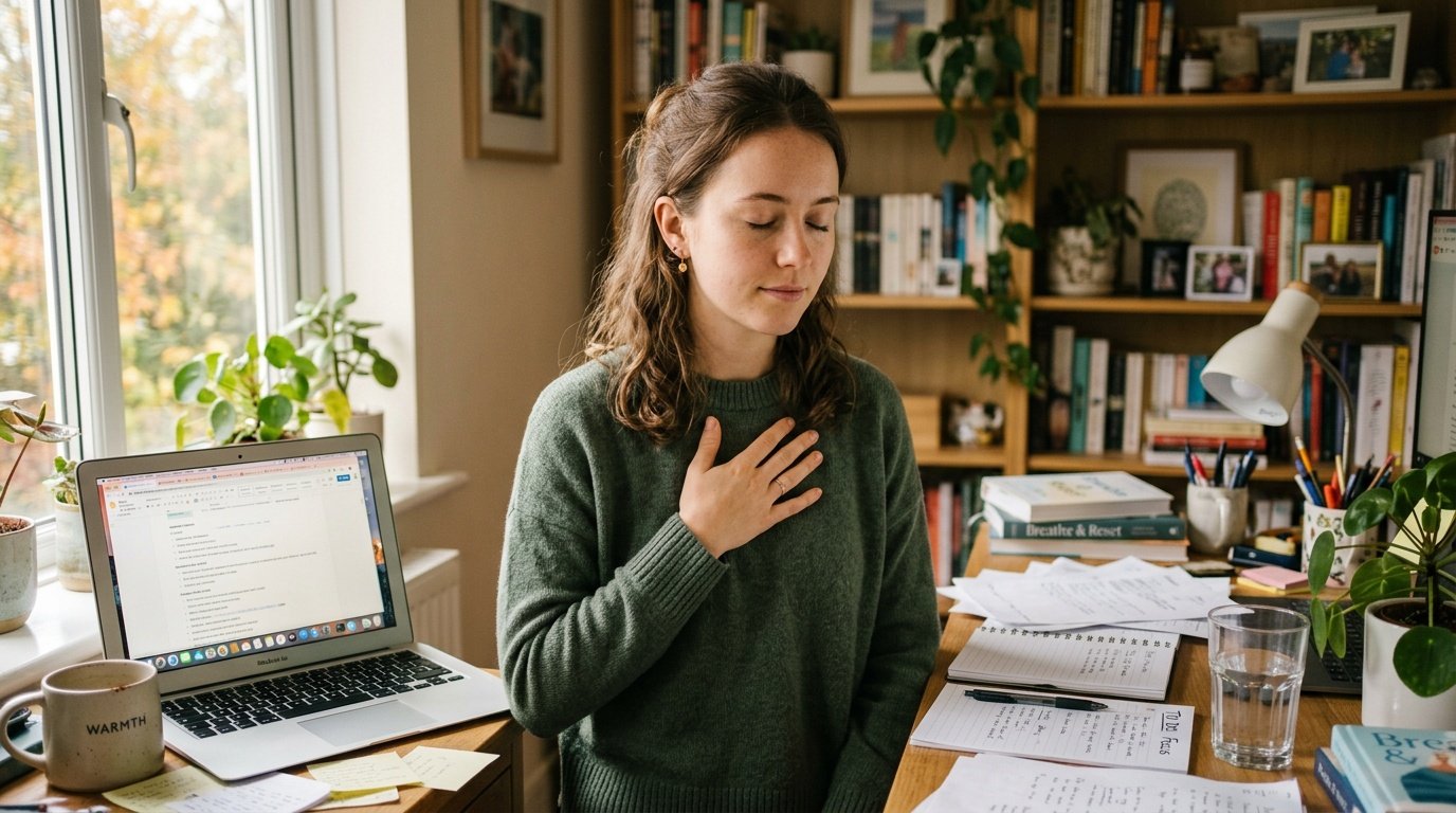 young woman practicing stress management activities for adults while pausing at her cluttered desk