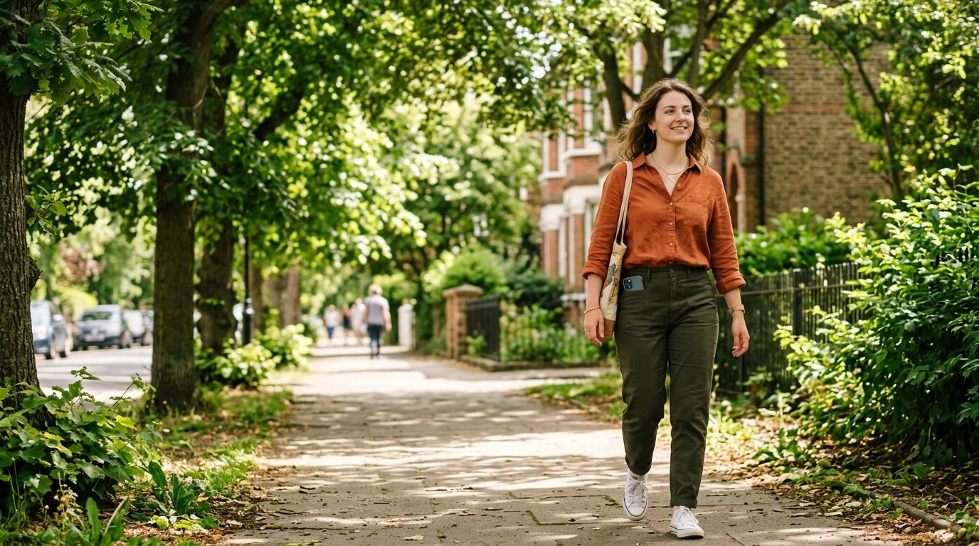 woman taking a short walking break outdoors as a stress management activity between work tasks